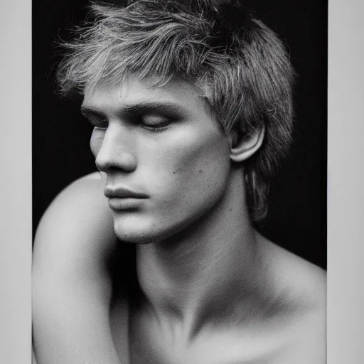 Image similar to portrait of a young 2 5 year old blonde blued serbian man photographed by robert mapplethorpe