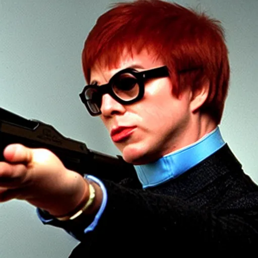 Image similar to austin powers shooting an ak - 4 7, photography, movie,