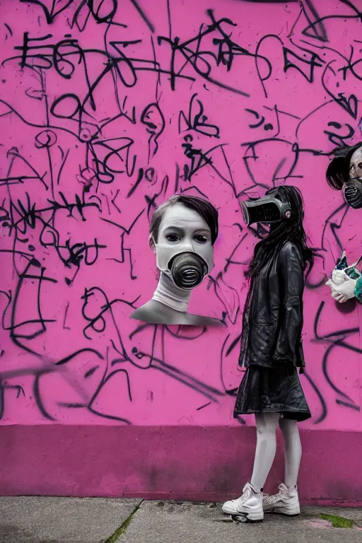 Image similar to a surreal portrait of two women wearing gas masks camouflaged into a wall of pink graffiti in the style of brooke didonato, editorial fashion photography from vogue magazine, full shot, nikon d 8 1 0, ƒ / 2. 5, focal length : 8 5. 0 mm, exposure time : 1 / 8 0 0, iso : 2 0 0