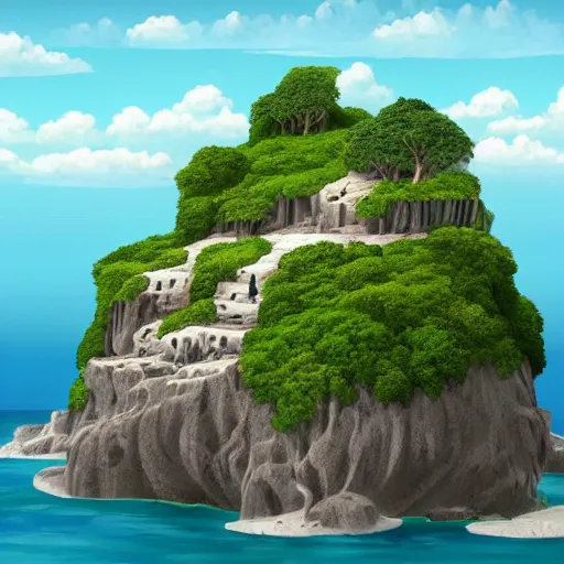 Prompt: an island floating in the air, the island is rocky and bare with some vegetation, waterfalls left from the island flowing into the sea, highly detailed, animated, lovely, dreamy, morandi colour scheme, strong light and shadow atmosphere, painted by ghibli