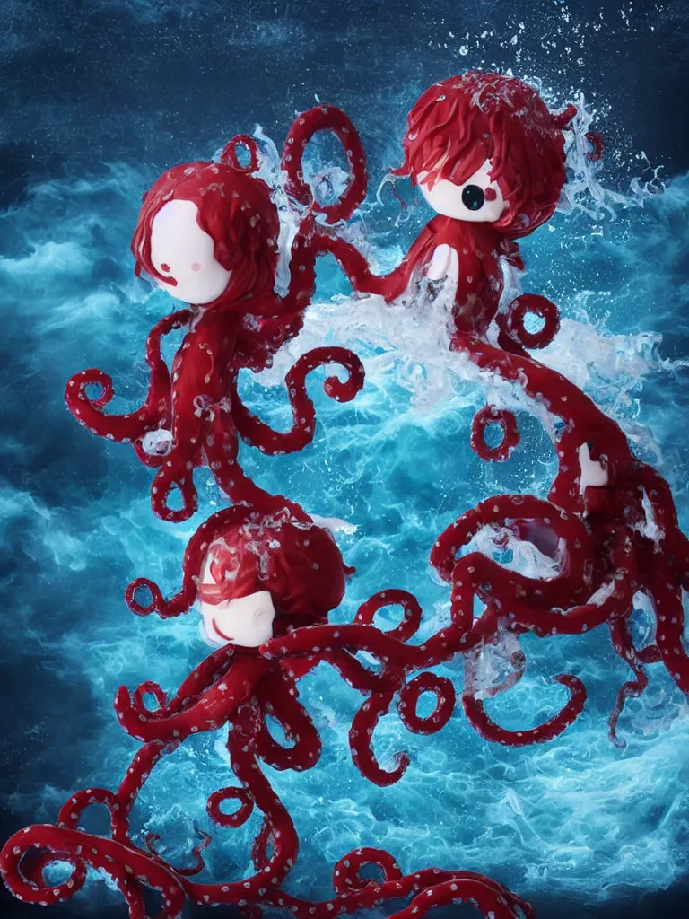 Image similar to cute fumo plush chibi gothic octopus prince boy washing his hair in the waves of the wavering dark galactic abyss, long black and red ruffled intricate uniform with ribbons, ocean wave thunderstorm and reflective splashing water, wisps of smoke and haze and volumetric fog, ocean simulation, vignette, vray