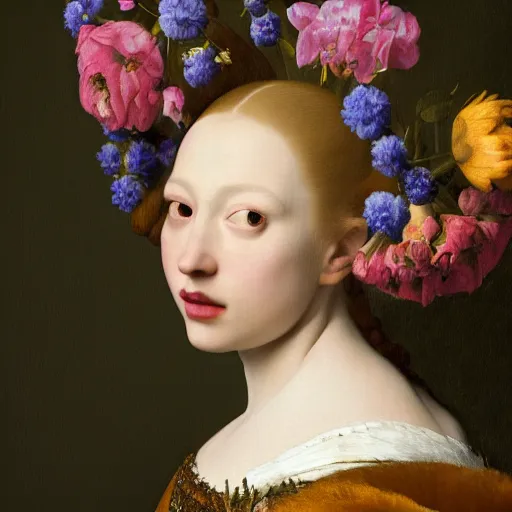 Prompt: a closeup portrait of one beautiful young goddess with a wall of flowers behind her, painted by diego velazquez and rachel ruysch and vermeer and ambrosius bosschaert, swirling coloured hair, hyperrealism, dark, dramatic lighting, analogous complementary colour scheme, trending in artstation, octane, rendered