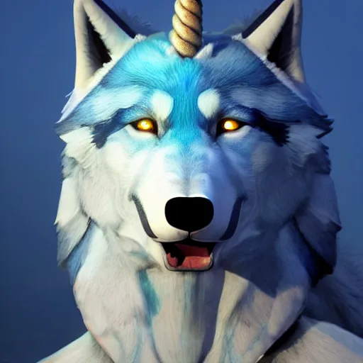 Image similar to a giant blue wolf with a white main and two unicorn horns, a white star shape on his forehead, yellow eyes, beautiful, ultra realistic, great wolf, unreal engine 5, dynamic lighting, highly detailed, lightning around