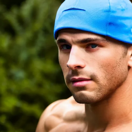 Image similar to heroic pose of an athletic man wearing a blue cap with a P on it
