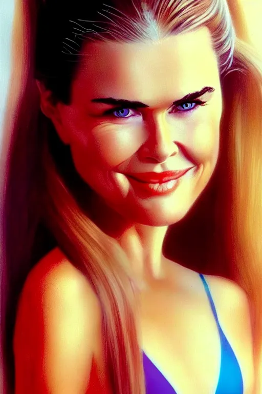 Image similar to mix of beautiful young maria shriver, mariel hemmingway, brooke shields, nicole kidman and elle macpherson as a young bikini model, thin lips, hair tied up in a pony tail, dark blonde hair, colorful, artstation, cgsociety