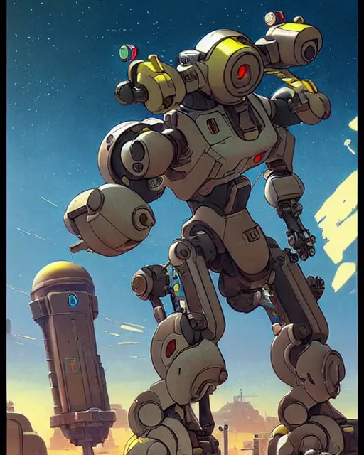 Image similar to bastion the friendly robot from overwatch, character portrait, portrait, close up, concept art, intricate details, highly detailed, vintage sci - fi poster, retro future, in the style of chris foss, rodger dean, moebius, michael whelan, and gustave dore