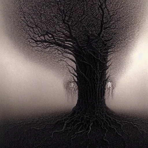 Image similar to Tree of sacral geometry in horror mist by Gustave Doré Greg Rutkowski zdzisław beksiński