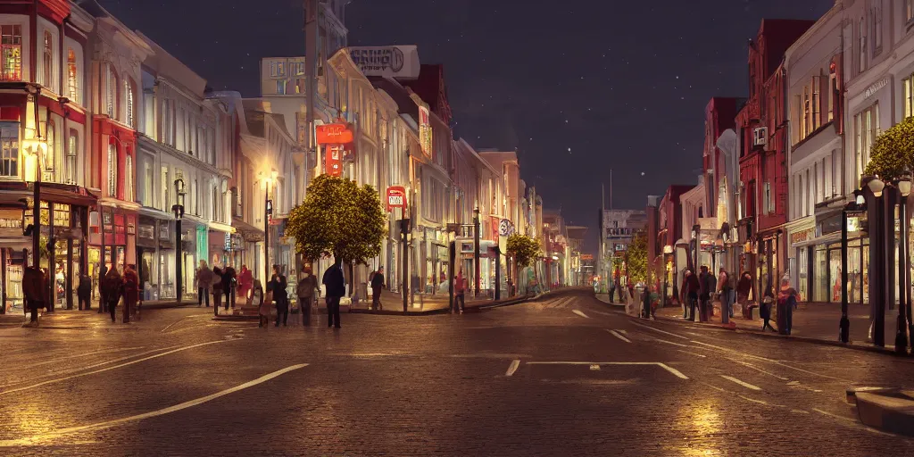 Image similar to Photorealistic Grafton Street on a quiet Charlottetown night. Hyperdetailed photorealism, UHD, amazing depth, glowing rich colors, golden ration, 3d shading, cinematic lighting, artstation concept art