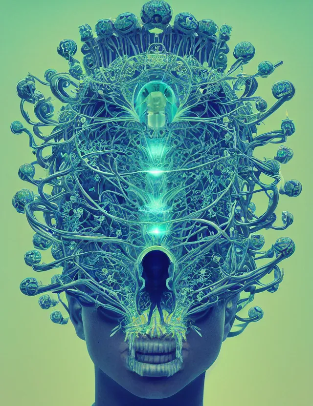 Image similar to symmetrical, centered, goddess close-up portrait wigh crown made of skulls. phoenix betta fish, phoenix, bioluminiscent creature, super intricate ornaments artwork by Tooth Wu and wlop and beeple and Dan Flavin and Daniel Buren and greg rutkowski