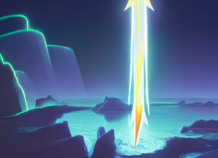 Image similar to a luminescent lightning sword in a lake by paolo eleuteri serpieri and tomer hanuka and chesley bonestell and daniel merriam and tomokazu matsuyama, unreal engine, high resolution render, featured on artstation, octane, 8 k, highly intricate details, vivid colors, vector illustration
