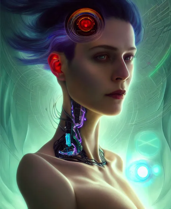 Image similar to a whirlwind of souls rushing inside the metaverse, hologram, half body, neurochip, shaved temple, piercing, jewelry, android, cyborg, cyberpunk face, by loish, d & d, fantasy, intricate, elegant, highly detailed, colorful, digital painting, artstation, concept art, art by artgerm and greg rutkowski and alphonse mucha