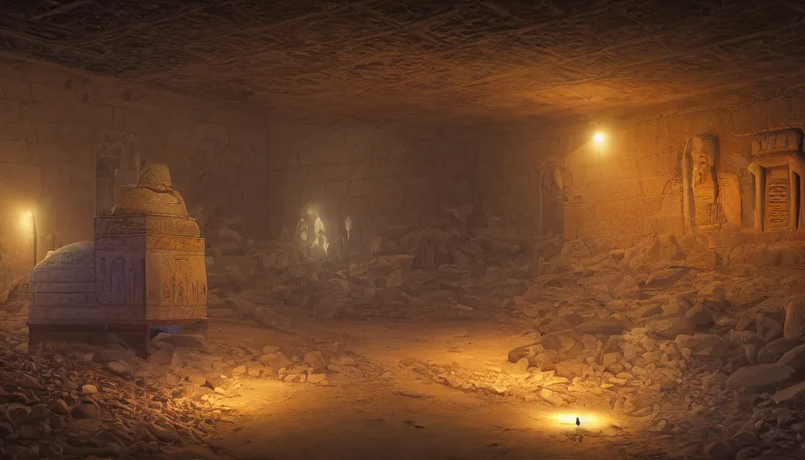 Prompt: Interior of an Egyptian dusty abandoned tomb illuminated by glowsticks, coffin in the middle of the room, hyperdetailed, artstation, cgsociety, 8k