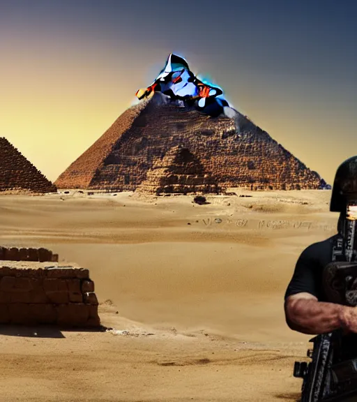 Image similar to a beefy man with a machine gun, egyptian pyramid in the background, 4 k, sharp focus, illustration, highly detailed, cyberpunk