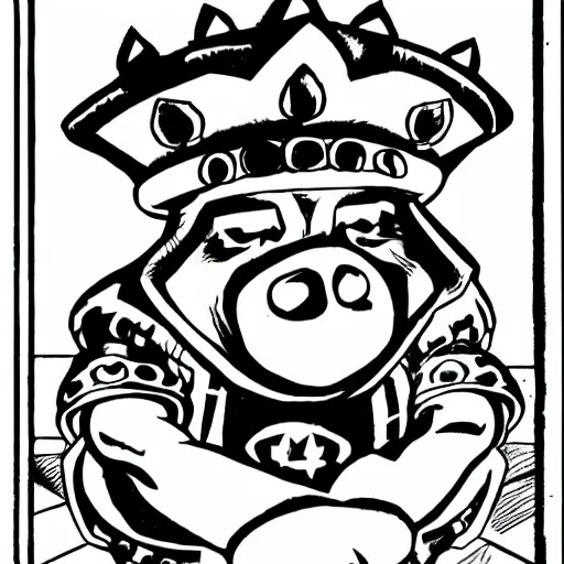 Prompt: comic book drawing of pig wearing a gold crown in the style of jack kirby