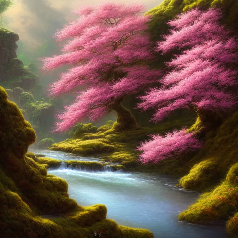 Prompt: tree with pink, flowering canopy on the grassy outcrop of a stream by justin gerard, fantasy art, 4 k