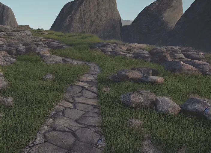 Prompt: pathway between two mountains both sides, rocks unreal engine render