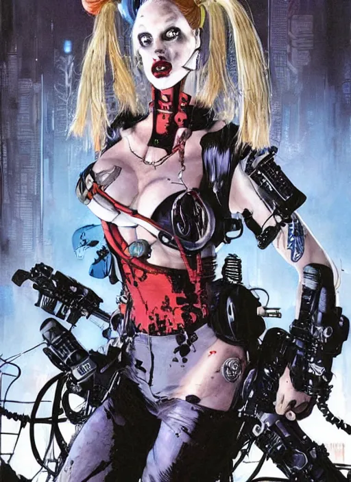 Prompt: a dream portrait of cyberpunk Harley Quinn in post apocalyptic Gotham art by Paul Dini, Travis Charest, Simon Bisley, centered in frame
