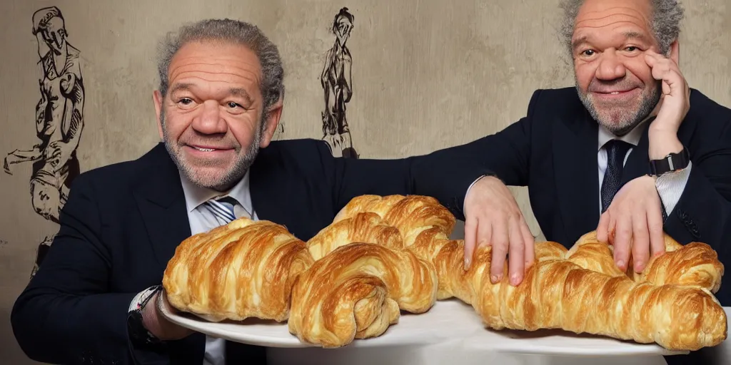 Image similar to alan sugar with really long arms holding some pastry pets. long arms. stretched limbs. pastry sheep, pastry lizard