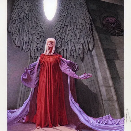 Image similar to angelical woman in robes, flanked by her giant monster pet, by wayne barlowe