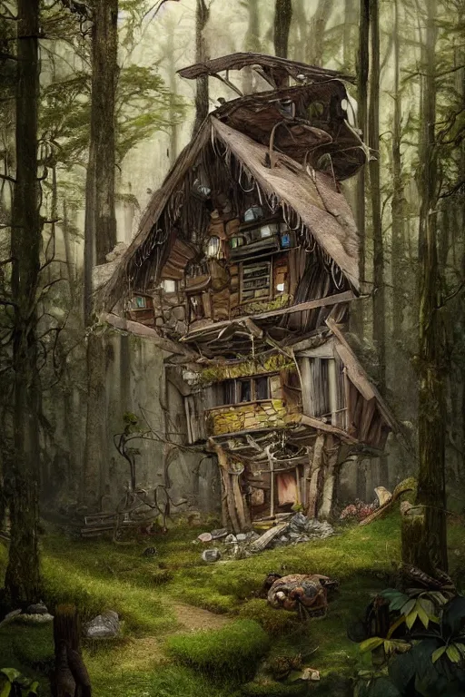 Prompt: Ultra realistic illustration of a ramshackle multistory fairytale hut in the forest