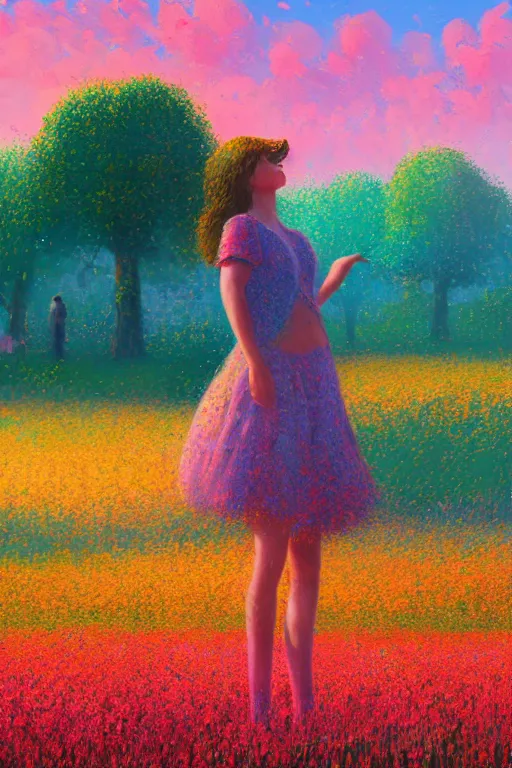 Image similar to flower growing out of girl body, standing in a flower field, big trees, sunrise dramatic light, impressionist painting, colorful clouds, digital painting, pointillism, artstation, simon stalenhag