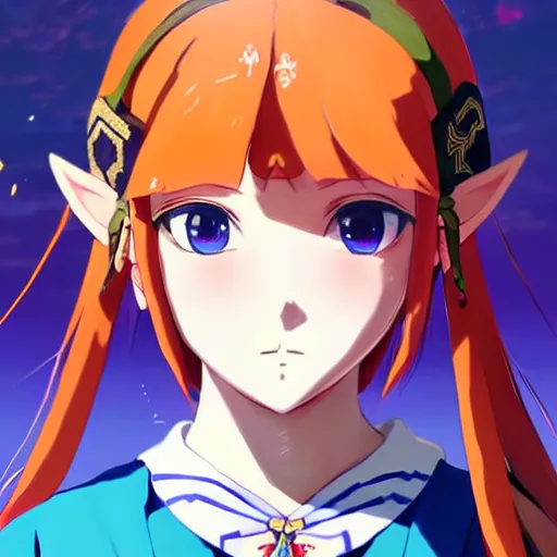 Image similar to a beautiful! young feminine link from botw, wearing japanese catholic school girl outfit with mayan pattern and native style, aztec street fashion, guilty gear art direction, perfect anime face, gapmoe yandere grimdark, trending on pixiv fanbox, painted by greg rutkowski makoto shinkai takashi takeuchi studio ghibli, akihiko yoshida