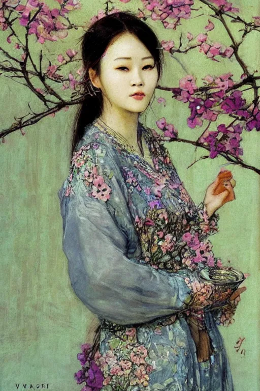 Image similar to close - up fashion asian woman portrait airy flowers sacura cloudy sky art by vasnetsov