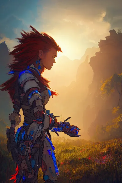 Image similar to combination suit armor aloy horizon forbidden west horizon zero dawn radiating a glowing aura global illumination ray tracing hdr fanart arstation by ian pesty and alena aenami artworks in 4 k tribal robot ninja mask helmet backpack