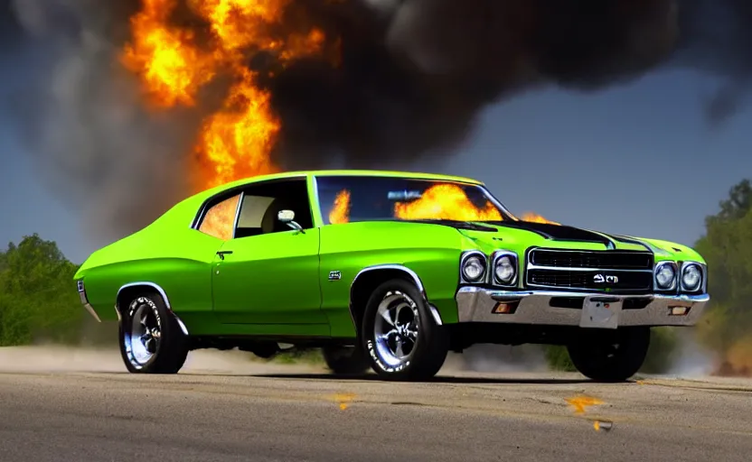 Image similar to a green 1 9 7 0 chevrolet chevelle ss driving high speed, fire explosion in the background, action scen. realistic. high resolution. dramatic