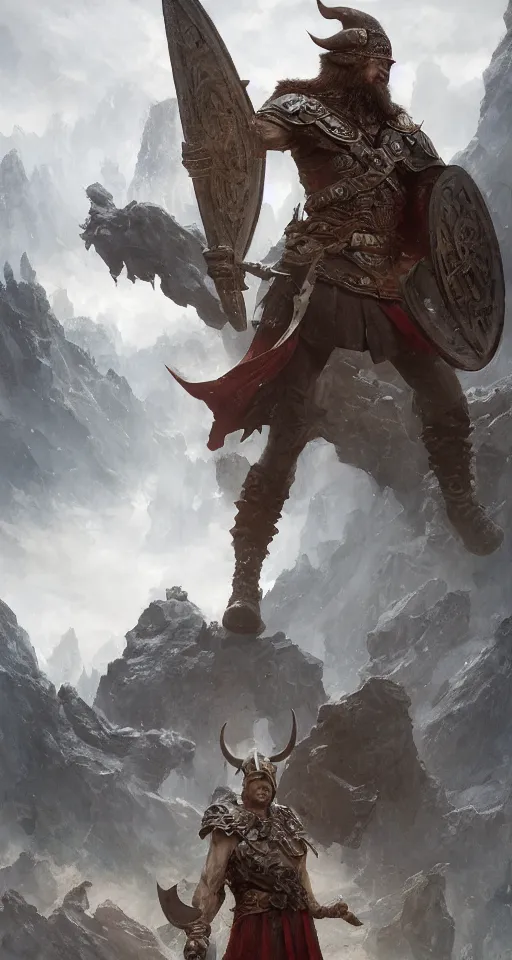 Image similar to the hero viking stands triumphantly as he enters the majestic gates of valhalla, highly detailed, digital painting, artstation, smooth, sharp focus, masterpiece, stunning concept art by ruan jia and jakub rebelka and artgerm and greg rutkowski and ralph mcquarrie and android jones and mucha