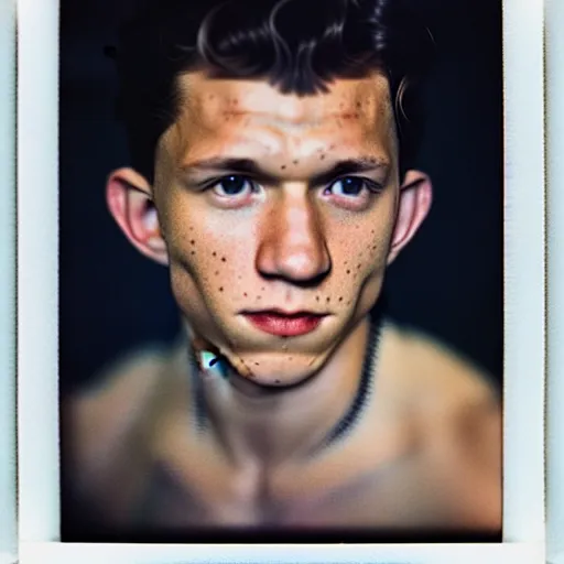 Image similar to grainy color polaroid of Tom Holland, dreamlike, intricate detail, sigma 85mm f/1.4, 4k