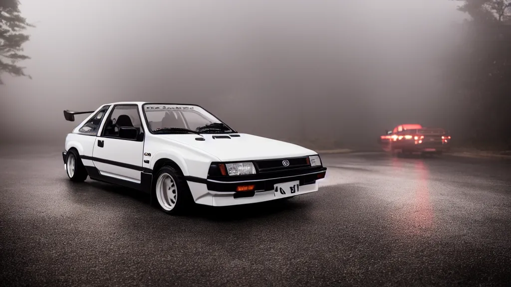 Prompt: a toyota ae 8 6 with pop up headlights, cinematic, long exposure, white balance, 8 k, led, lumen global illumination, fog, ray tracing reflections