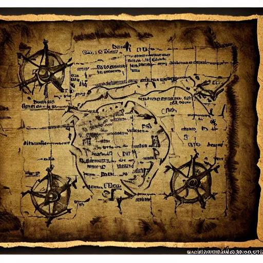 Prompt: scan of an old torn treasure map, pirates treasure map, hand drawn