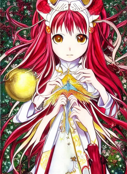 Image similar to intricately beautiful designed clow cards, Madoka Magica, high detail, painting, by CLAMP, in the style of Akiyuki Shinbo