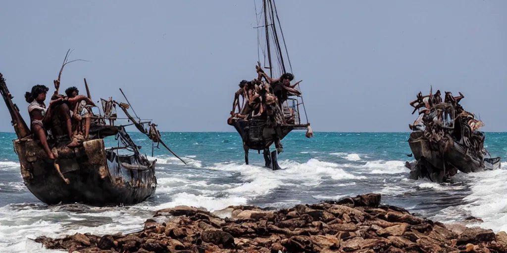 Image similar to sri lankan mad max style on boats, ocean, film still, epic shot cinematography, rule of thirds