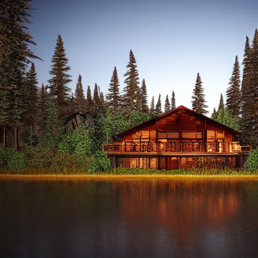 Prompt: Lodge in the Pacific Northwest forest, incredibly detailed, rendered in octane, river, sunset