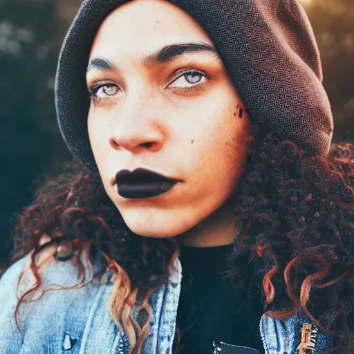 Prompt: portrait of a mixed woman with freckles, septum piercing, winged eyeliner, black beanie, black bomber jacket, urban environment, depth of field, character design, concept art