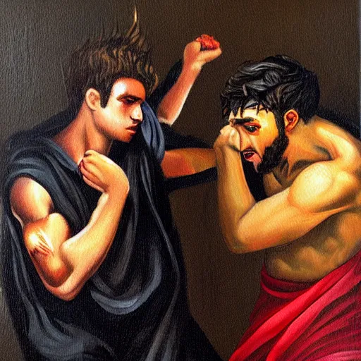 Prompt: oil painting of 20 year old Mediterranean man beating up an 18 year old Mediterranean man, dressed in biblical clothing, dark colors, dramatic abstract oil painting