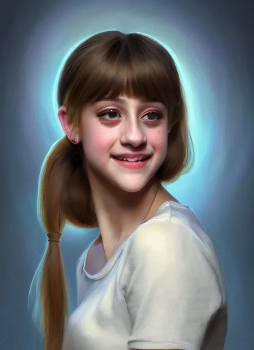 Image similar to portrait of teenage lili reinhart with bangs, smiling kindly, bangs, 1 9 6 0 s, ponytail, bangs and ponytail, intricate, elegant, glowing lights, highly detailed, digital painting, artstation, concept art, smooth, sharp focus, illustration, art by wlop, mars ravelo and greg rutkowski