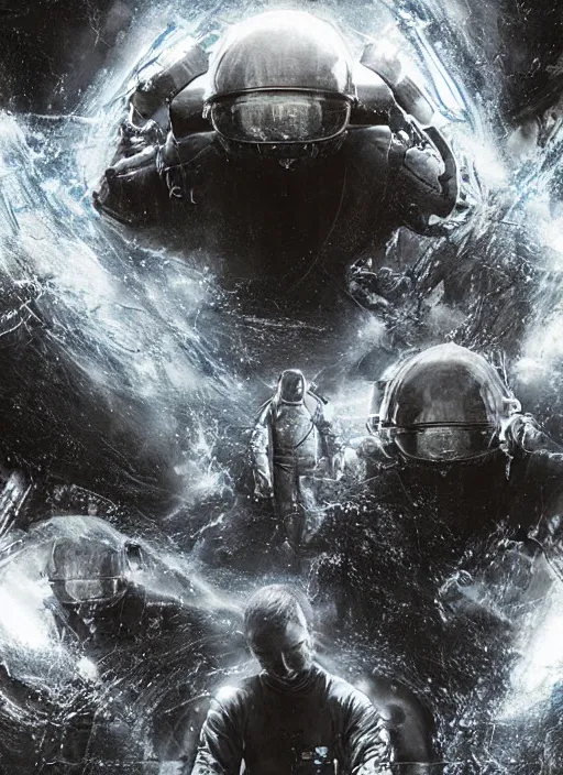 Image similar to astronauts in dark and empty void underwater - complex and hyperdetailed technical suit. reflection and dispersion materials. rays and dispersion of light. volumetric light. 5 0 mm, f / 3 2. noise film photo. flash photography. ultra realistic, wide angle. poster by wayne barlowe, hajime sorayama aaron horkey, craig mullins