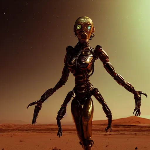 Image similar to a female woman, synthetic gold cyborg creature with large eyes, standing on a martian landscape, cinematic movie scene, inspired by the movie the fifth element, by kim jung gi, hyperrealistic, fine details, octane render, volumetric lighting