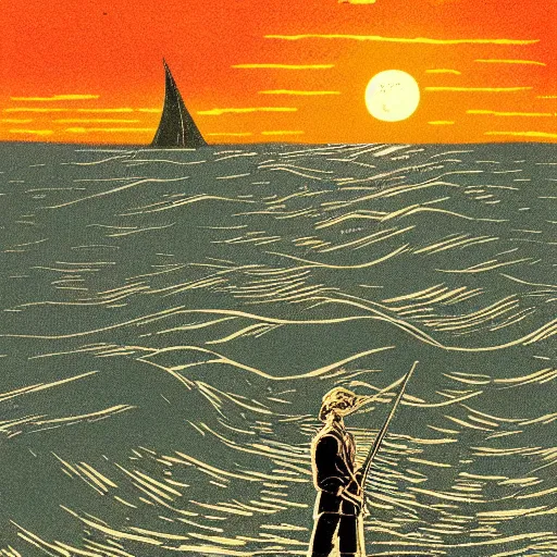 Prompt: Wanderer above the Sea by Caspar David Friedrich as a Linocut