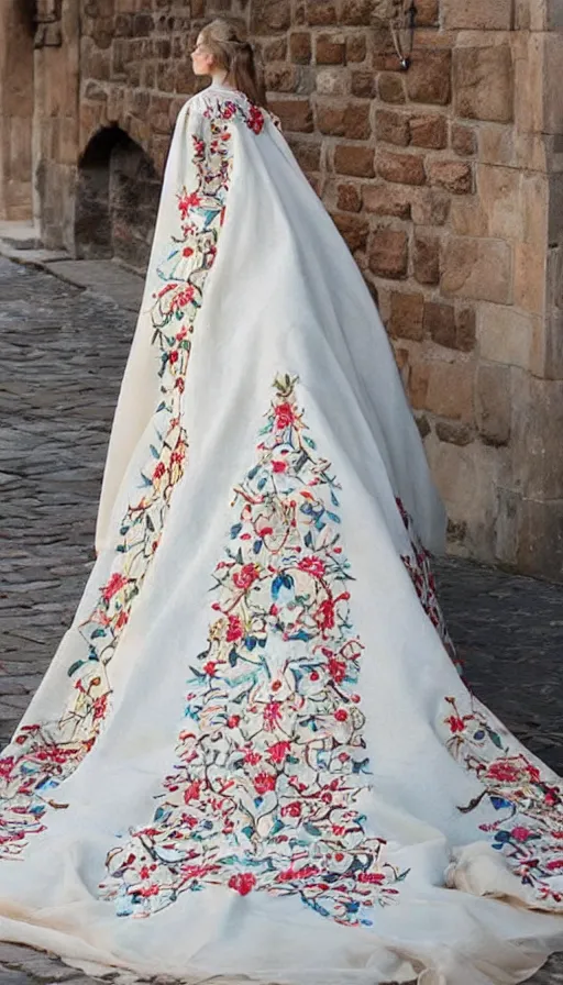 Prompt: long beautiful voluminous medieval court dress with train and embroidered flowers