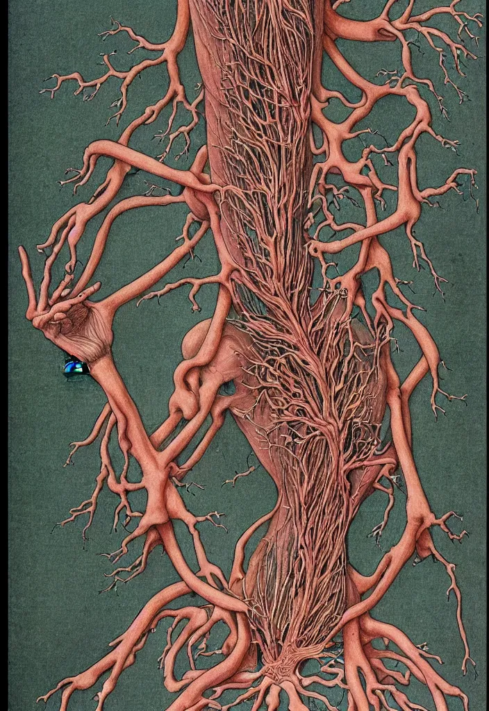 Image similar to prompt: anatomy dissection drawing veins and organs human shaped tree character drawn by Takato Yamamoto, bonsai anatomy atlas, veins and organs attached to tree roots, alchemical objects inspired by 1980's sci-ci, old experimentation cabinet, intricate oil painting detail, manga 1980