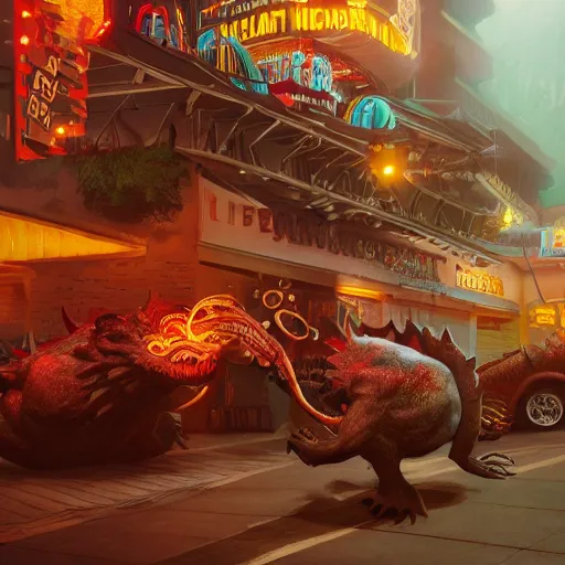 Prompt: fast food monsters, hyper realistic, ambient lighting, concept art, intricate, hyper detailed, smooth, dynamic volumetric lighting, octane, raytrace, cinematic, high quality, high resolution, 4 k, cgsociety, rutkowski, gurney