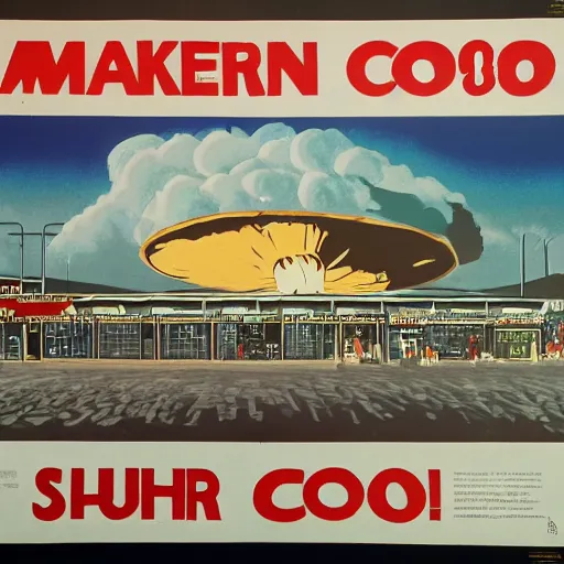 Image similar to A 1980s poster of a hawker centre and mushroom cloud