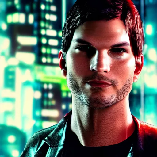 Image similar to ashton kutcher portrait, cyberpunk 2 0 7 7, cyberpunk, photorealistic, ultra detailed, neon, octane, bokeh, cinematic lighting, cyber, cyberpunk city, studio quality, feature, scars, cyberface, 8 k