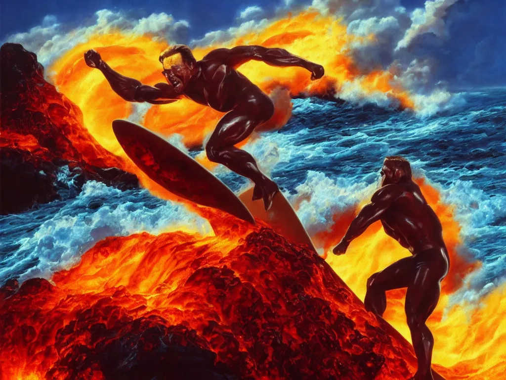 Prompt: arnold schwarzenegger surfing on lava wave by boris vallejo, stunning scene, 8 k, digital painting, hyperrealism, bright colors, trending on artstation