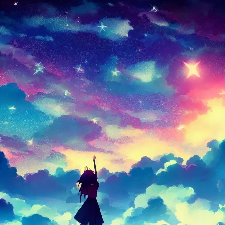 Image similar to a beautiful landscape of a starry sky with an beautiful anime woman waving to the horizon, cinematic, dramatic, color grading, photojournalism, colorful, highly detailed