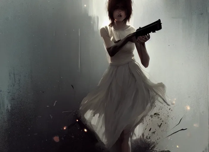 Image similar to white dress girl chasing from crazy grim reaper, holding a gun, messy hair, messy lines, scared face, beautiful and aesthetic and attractive, dramatic situation, specular reflection, occlusion shadow, intricate, bokeh, by ilya kuvshinov and jeremy lipking and quentin mabille